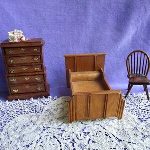 3 wooden items for a dollhouse bedroom, 1:12 scale ... bed, dresser, chair, READ